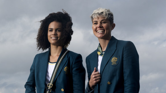 Michelle Heyman (left) with Australian sprinter Torrie Lewis on Wednesday.