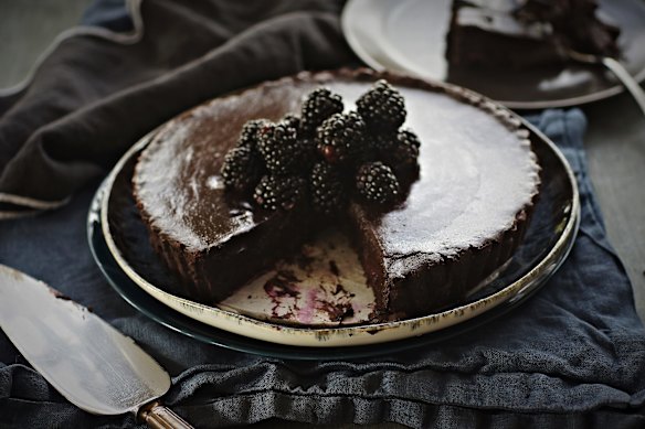 Chocolate ganache, blackberry and vanilla tart.