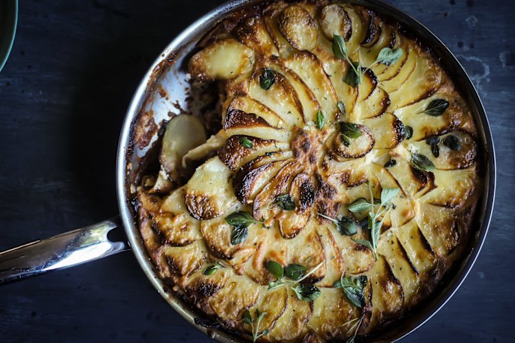 Moussaka eggplant and potato gratin recipe. Easter gratin recipes for Good Food April 2019. Please credit Katrina Meynink. Good Food use only.