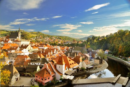 View of the medieval town of Cesky Krumlov in South Bohemia region, Czech Republic. 