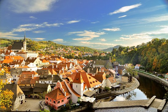 View of the medieval town of Cesky Krumlov in South Bohemia region, Czech Republic. 