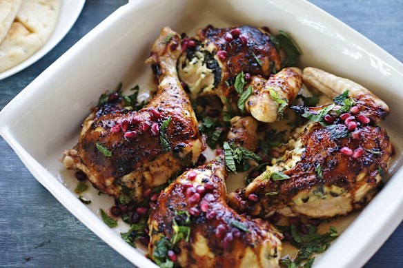 Butterflied roast chicken with herb and halloumi stuffing.