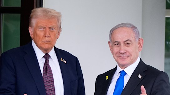 President Donald Trump greets Israeli Prime Minister Benjamin Netanyahu at the West Wing of the White House.