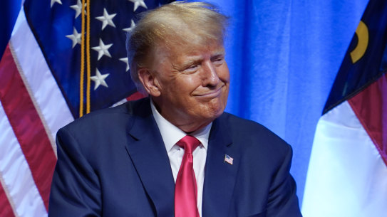 Former President Donald Trump looks to the crowd after speaking during the North Carolina Republican Party Convention in Greensboro, N.C., Saturday, June 10, 2023. (AP Photo/George Walker IV)