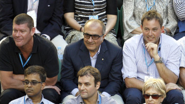 Matthew Grounds, right, with James Packer and Jac Nasser at the Australian Open in 2013.