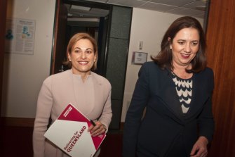 Then deputy premier and treasurer Jackie Trad and Premier Annastacia Palaszczuk announcing the state budget together in 2018.