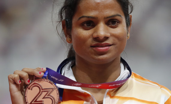 Dutee Chand after winning bronze in the women's 200m at the Asian Athletics Championships in Doha in April.