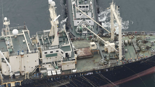 A whaling boat leaves a port in Shimonoseki, Yamaguchi, Japan, on Monday to resume commercial whaling.