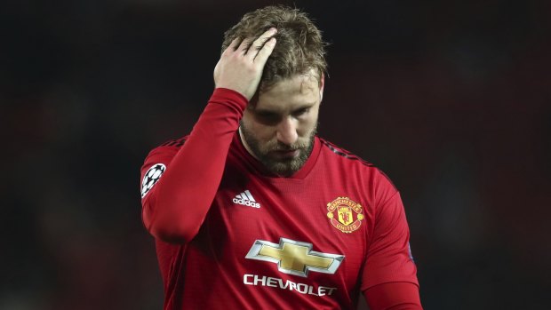 Manchester United's Luke Shaw reacts after the loss to Barcelona.