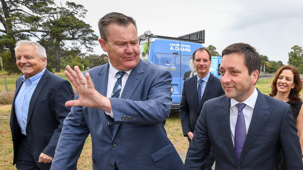 Liberal candidate for Frankston Michael Lamb (centre) with Opposition Leader Matthew Guy.