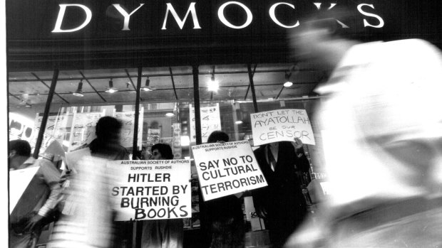 Members of the Free Speech Committee and the Australian Society of Authors protest the decision of two booksellers not to sell copies Of Salman Rushdie's novel on February 2, 1989.