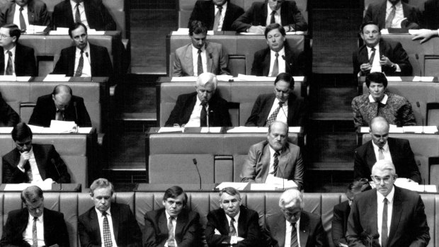 Paul Keating sits on the back bench after the first, failed leadership ballot, August 1991.