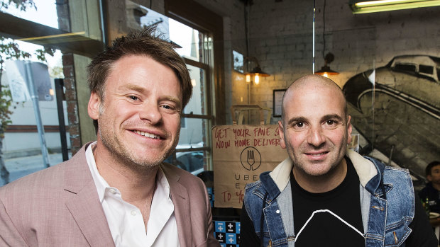 Major investors George Calombaris and Radek Sali at Jimmy Grants in Fitzroy in 2016, before the collapse of Made Enterprises' restaurants following a wage theft scandal.