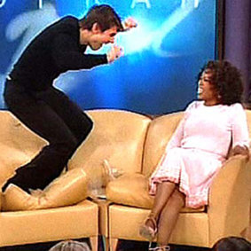 Tom Cruise jumps on the couch, declaring his love for Katie Holmes, on Oprah Winfrey’s show in 2005.