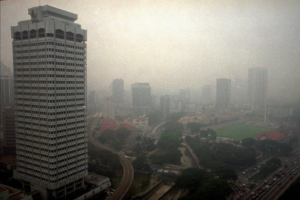 View shows part of haze-covered Kuala Lumpur in 1997.