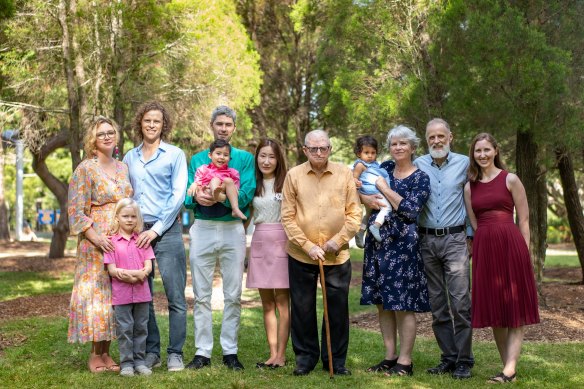 Brian Irwin with daughter Jan, son-in-law Robert and their children, children-in-law and grandchildren.