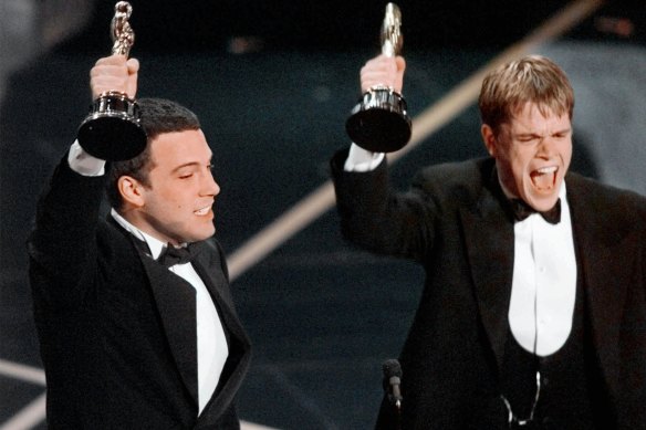 Ben Affleck and Matt Damon receive their best original screenplay Oscars for Good Will Hunting in 1998.