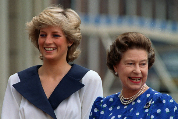 The Princess of Wales and the Queen put on their best public faces outside Clarence House in 1987.