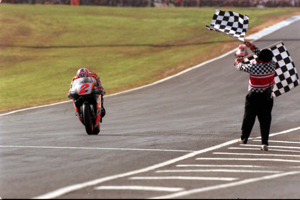 Winner Alex Criville crosses the line at the 1997 Motorcycle Grand Prix at Phillip Island.
