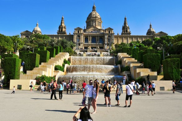 The Waterfall fountain and Palau Nacional in Montjuic, in Barcelona, Spain.