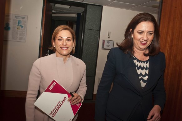 Then deputy premier and treasurer Jackie Trad and Premier Annastacia Palaszczuk announcing the state budget together in 2018.