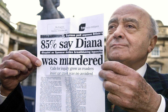 Mohamed al-Fayed in 2003 outside a court in Edinburgh, where a judge was asked to consider whether the car crash that killed Princess Diana and his son Dodi was caused deliberately.
