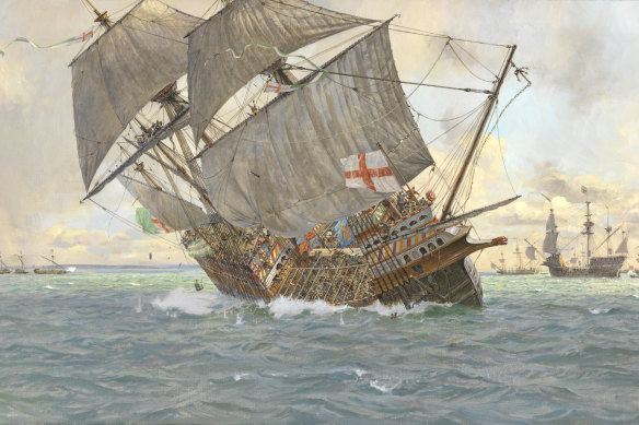 An artist’s impression of the sinking of the Mary Rose in 1545.