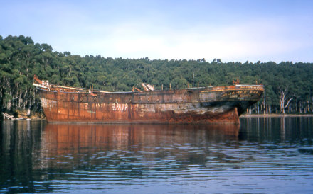 James Craig rusting hulk in the mud at Recherche Bay, south Tasmania, circa 1972.