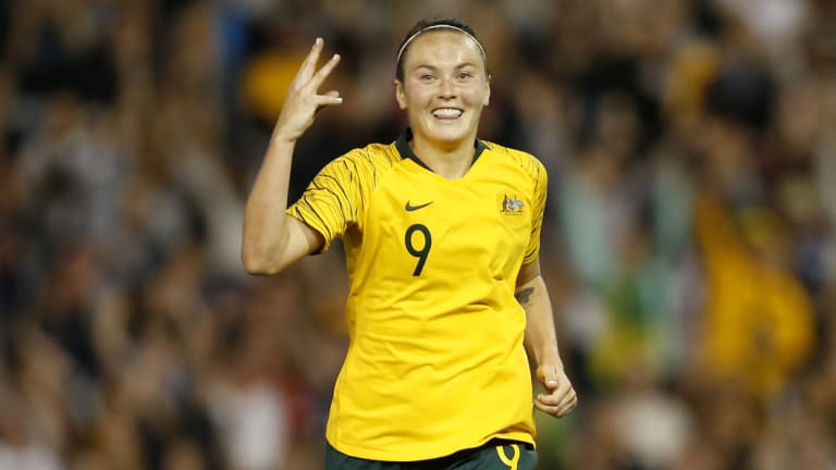 Caitlin Foord celebrates her first hat-trick in international football.
