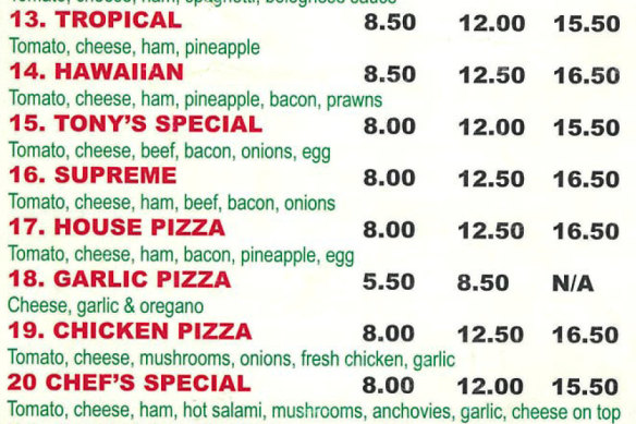 The menu from Tony Mokbel's pizza parlour included "Tony's Special".  Taken with a pinch of salt.