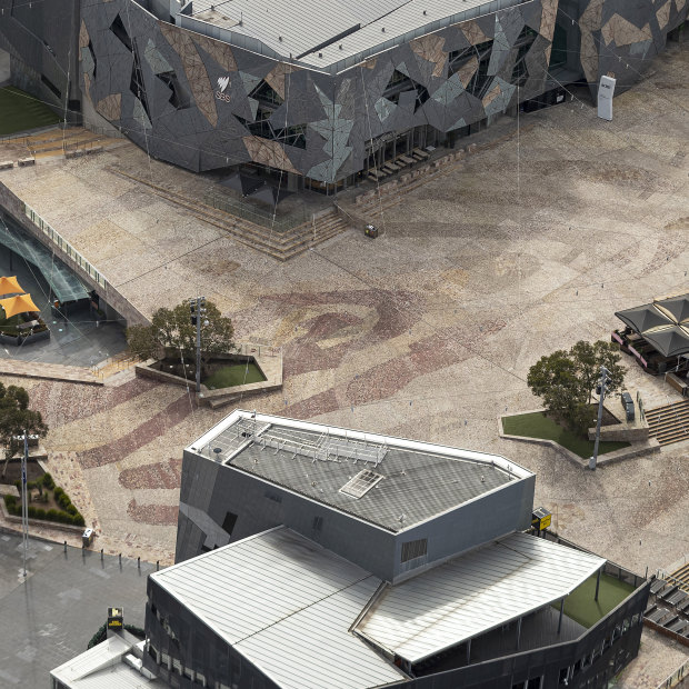 An empty Federation Square in Melbourne on August 26.