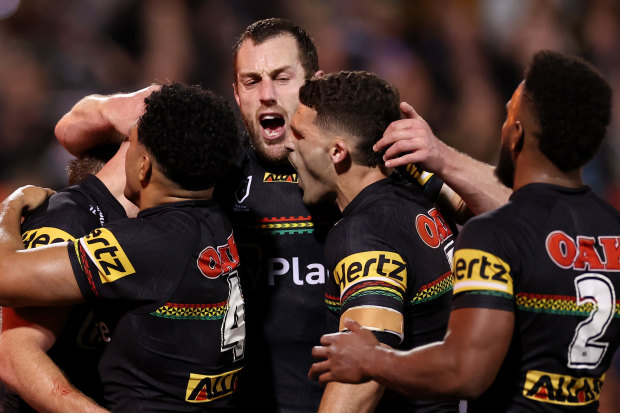 Yeo and the Panthers celebrate another try in their stunning first half against the Roosters.