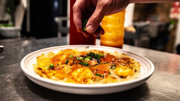 Taiwanese-style prawn omelette is golden and fluffy in all the right places.