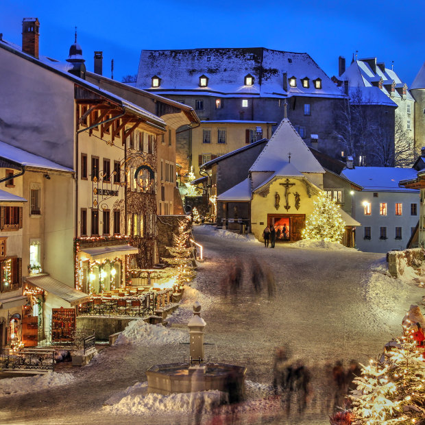 Christmas in the medieval town of Gruyeres, Switzerland.