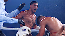 GOLD COAST, AUSTRALIA - JANUARY 08: Jai Opetaia knocks down David Nyika during the IBF And Ring Magazine Cruiserweight World Title Fight between Jai Opetaia and David Nyika at the Gold Coast Convention Centre on January 08, 2025 in Gold Coast, Australia. (Photo by Chris Hyde/Getty Images)
