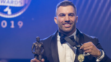 James Tedesco of the Roosters is announced as the winner of the Dally M Award on Wednesday night.