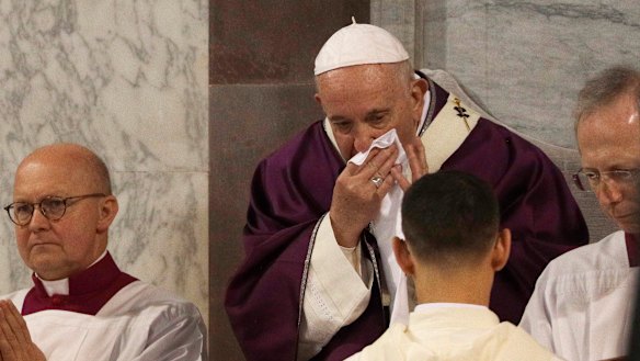 Pope Francis was seen wiping his nose during the Ash Wednesday Mass last month. 