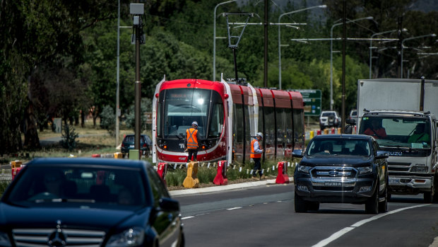 A light rail vehicle being tested on Northbourne Avenue. The project is running several months behind schedule. 