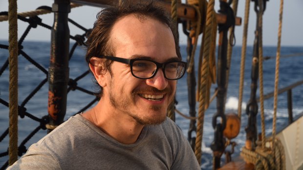 Melbourne University academic Christiaan De Beukelaer on board the Avontuur cargo sailing ship. 