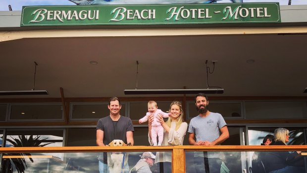 The new generation of publicans at the Bermagui Beach Hotel – Luke and Lou Redmond and their baby Sibella and Yannis Gantner.