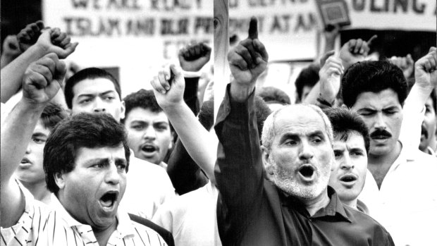 Local muslims in Arncliffe, Sydney protest against author Salman Rushdie on March 5, 1989.