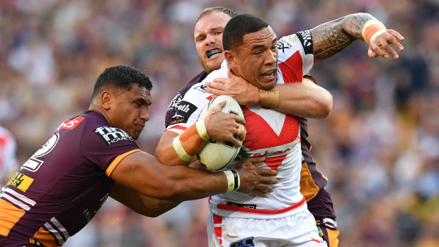 Team first: Tyson Frizell on the charge for the Dragons.