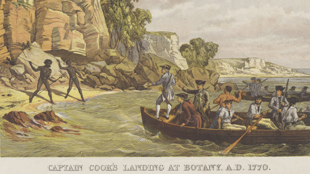 A lithograph depicting the arrival of the Endeavour, titled Captain Cook's Landing at Botany [Bay] in 1770.