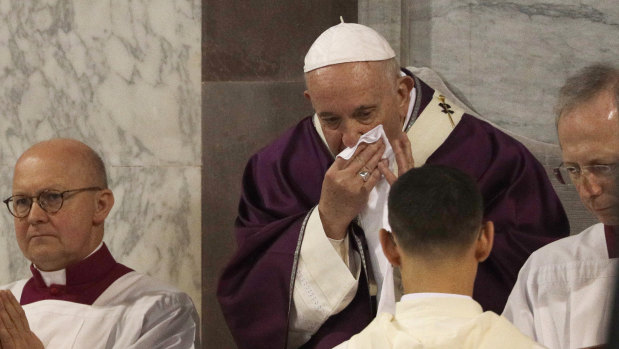 Pope Francis was seen wiping his nose during the Ash Wednesday Mass last month. 