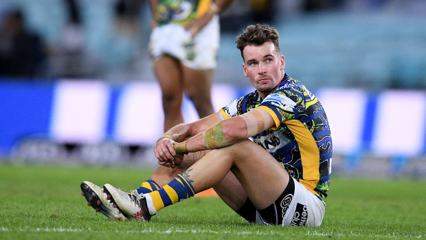 Down, but not out: Eels skipper Clint Gutherson comes to terms with defeat on FRiday night.