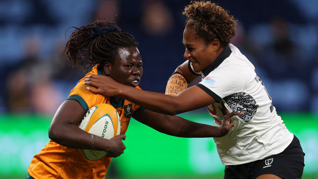 Biola Dawa running the ball against Fiji at Allianz Stadium last Saturday.