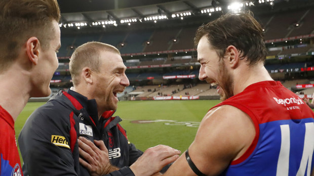 Melbourne coach Simon Goodwin (a former Bombers assistant) and Demons star, and former Bomber, Michael Hibberd share a laugh after a hard-fought win.