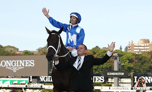 Winx, with jockey Hugh Bowman and trainer Chris Waller, after her final win in the 2019 Queen Elizabeth Stakes.
