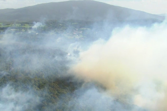 A bushfire burns in Victoria’s High Country near Rawson on Sunday.