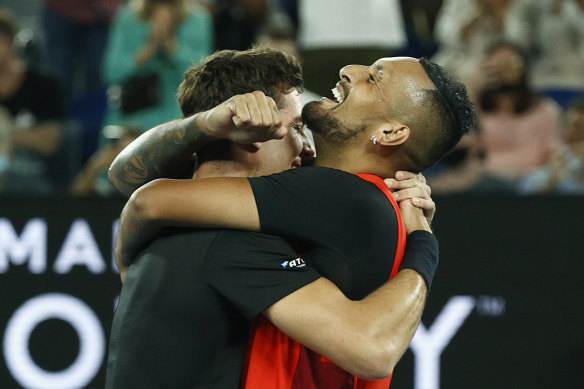 Victors: Nick Kyrgios and Thanasi Kokkinakis celebrate their triumph.